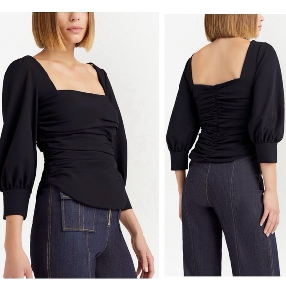 Cinq A Sept Karol Square-Neck Ruched 3/4” Puff Sleeve Crepe Top Blouse Medium - Picture 3 of 10